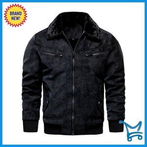 Men's Faux Fur Lined Bomber Jacket Fleece Leather Winter Coat